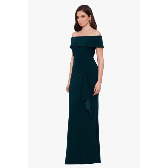 XSCAPE Lindsay Long Scuba Crepe Off Shoulder Dress 6 Pine Green Gown NWOT - Picture 1 of 8
